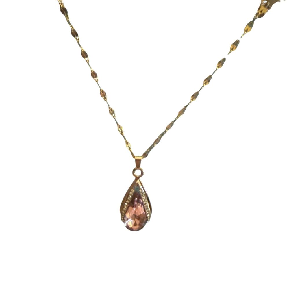 NWT Goldtone Faux Amethyst Teardrop Necklace With Rhinestones